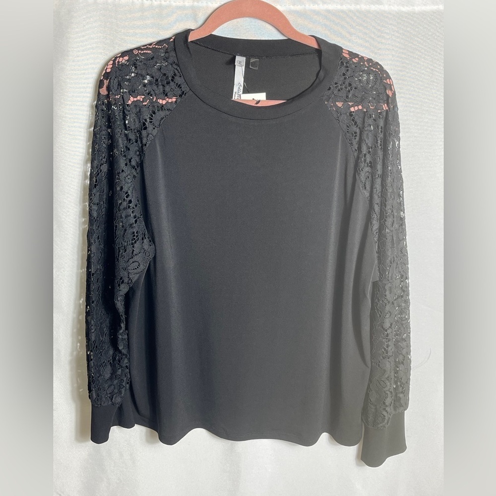 NY Collection Womens Black Lace Sleeve Long Sleeve Blouse Stretch Top 3X